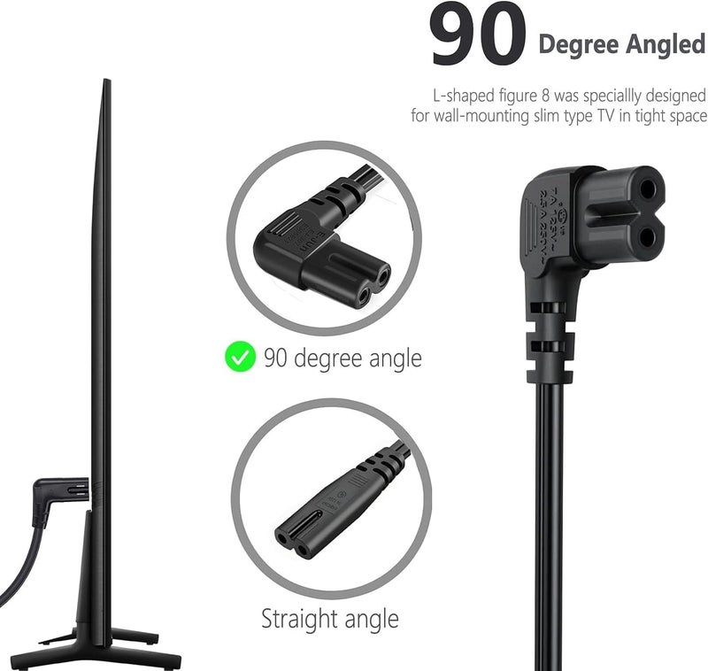 IJP 5FT TV Power Cord for Samsung TV, 90 Degree Angled 18AWG 2-Prong to L-Shaped C7 Power Cord for Samsung tv 24" 32" 40" 43" 48" 49" 50" 55" 60" 65" 75" Inch, LG/TCL Charger Cable Adapter Replacement - Image 2